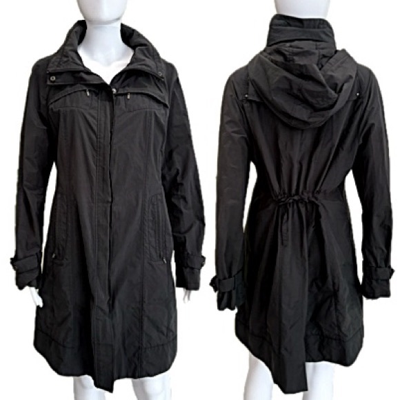 Cole Haan Packable Hooded Long Rain Jacket Womens Size Large Black Raincoat - Picture 1 of 15